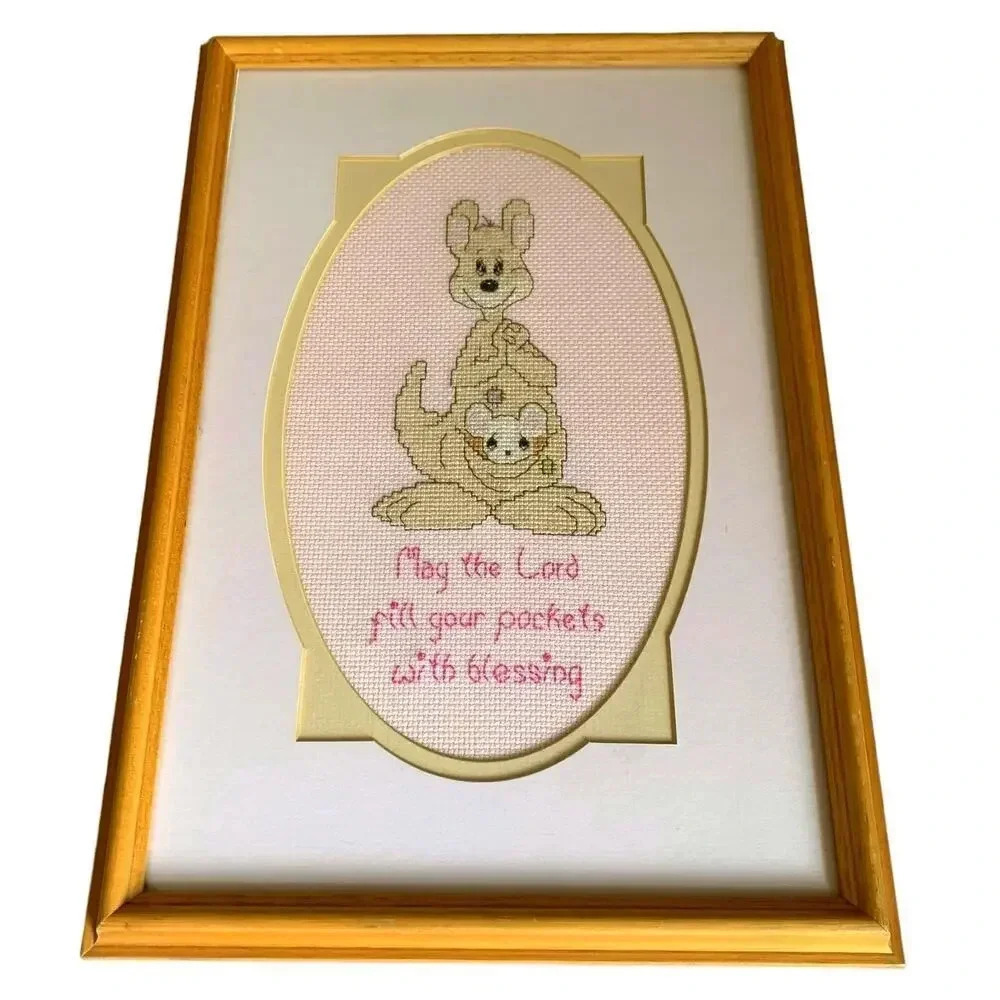 Precious Moments Vintage Cross Stitch Kangaroo Pockets Framed 14X10 Hand Crafted